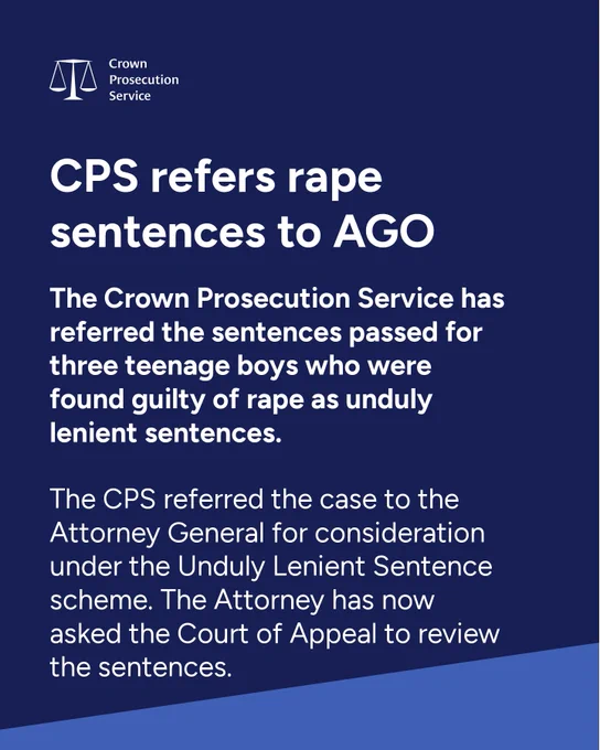 Crown Prosecution Service graphic stating CPS refers rape sentences to Attorney General's Office.