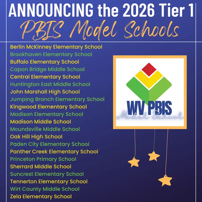 Announcing the 2026 Tier 1 PBIS Model Schools list: elementary, middle, and high schools in West Virginia.