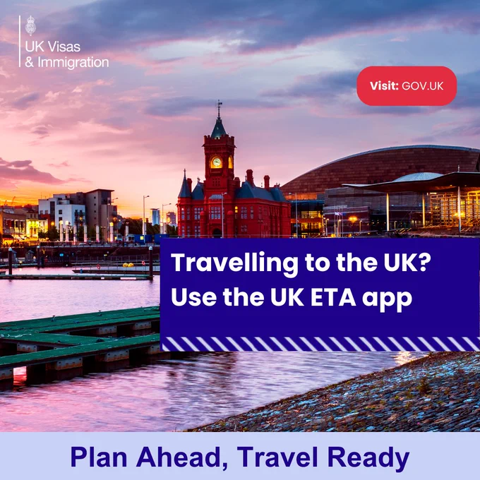 A colourful waterfront cityscape at sunset featuring a historic clock tower and modern buildings beside a harbour. Overlay text reads: “UK Visas & Immigration,” “Travelling to the UK? Use the UK ETA app,” a red button saying “Visit: GOV.UK,” and a footer message: “Plan Ahead, Travel Ready.”