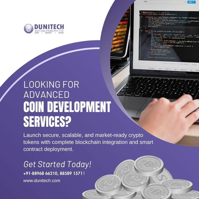 Purple promotional banner by DuniTech advertising advanced coin development services with blockchain integration, smart contract deployment, coding laptop image, and crypto coin graphics.