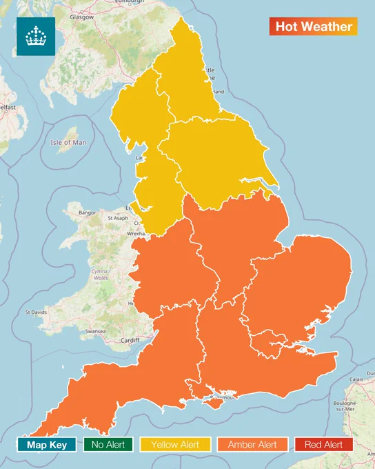 Amber alert for the East Midlands, East of England, London, West Midlands, South East and South West. Yellow alert for North East, North West and Yorkshire and The Humber. 