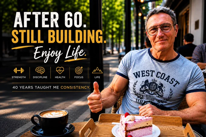 Pascal Saint James homme de 63 ans en bonne forme physique assis à une terrasse de café, souriant avec un gâteau et un café devant lui. Texte sur l’image : “After 60. Still Building. Enjoy Life.” Le post évoque l’équilibre entre discipline, plaisir et mode de vie sain après 60 ans.