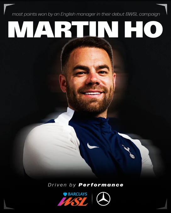 An eye-level, medium close-up shot features Martin Ho, a smiling man with short brown hair and a neatly trimmed beard, looking directly towards the viewer. He wears a navy blue and white Tottenham Hotspur training top featuring a white Nike swoosh and the club's cockerel crest on the left chest. His name, "MARTIN HO", is displayed in bold white capital letters across the top, above the smaller cursive text "most points won by an English manager in their debut BWSL campaign". At the bottom, the tagline "Driven by Performance" sits above the logos for Barclays WSL and Mercedes-Benz, all set against a dark, textured background.