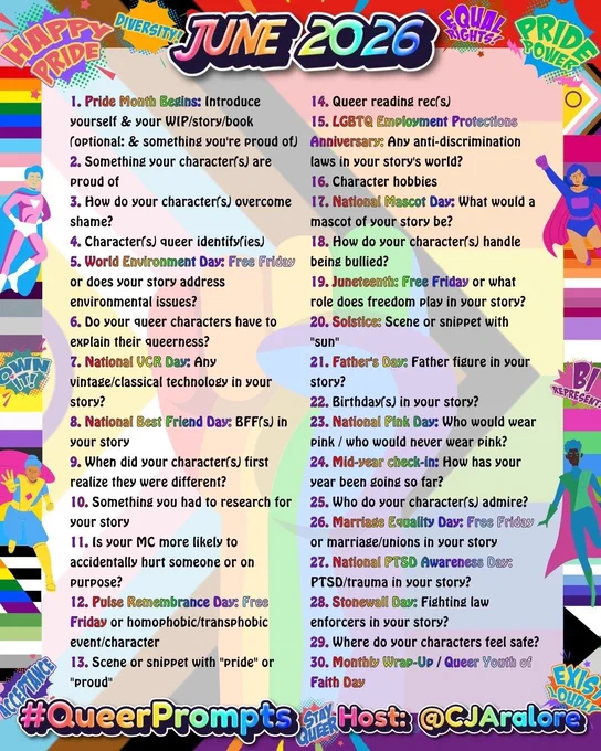 1. Pride Month Begins: Introduce yourself & your WIP/story/book (optional: & something you're proud of)
2. Something your character(s) are proud of
3. How do your character(s) overcome shame?
4. Character(s) queer identify(ies)
5. World Environment Day: Free Friday or does your story address environmental issues?
6. Do your queer characters have to explain their queerness?
7. National VCR Day: Any vintage/classical technology in your story?
8. National Best Friend Day: BFF(s) in your story
9. When did your character(s) first realize they were different?
10. Something you had to research for your story
11. Is your MC more likely to accidentally hurt someone or on purpose?
12. Pulse Remembrance Day: Free Friday or homophobic/transphobic event/character
13. Scene or snippet with "pride" or "proud"
14. Queer reading rec(s)
15. LGBTQ Employment Protections Anniversary: Any anti-discrimination laws in your story's world?
16. Character hobbies
17. National Mascot Day: What would a mascot of y