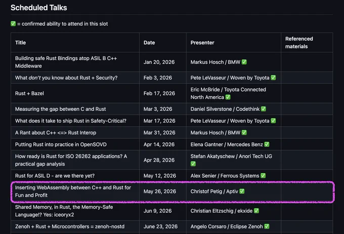 screenshot of agenda showing Christof Petig's talk about using WebAssembly for interop between C   <=> Rust