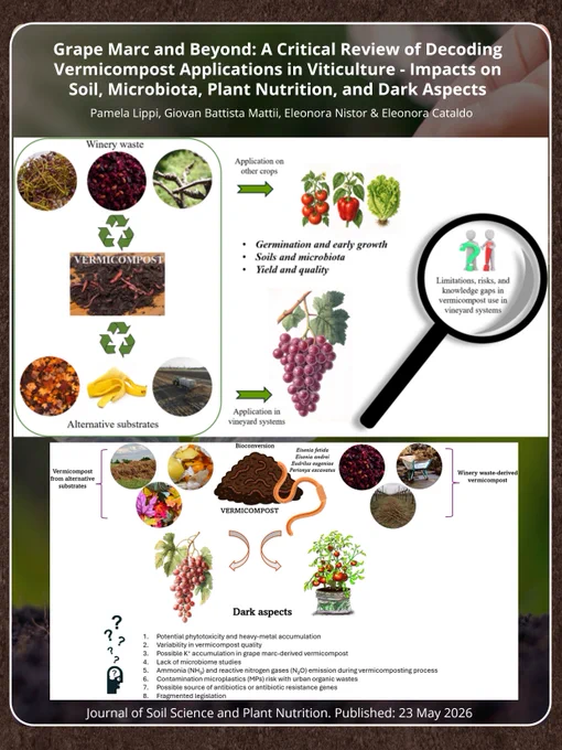 🍇♻️ Paper Highlights | Vermicompost, Viticulture & Circular Systems
Grape Marc and Beyond: A Critical Review of Decoding Vermicompost Applications in Viticulture - Impacts on Soil, Microbiota, Plant Nutrition, and Dark Aspects
Lippi et al.
🔑 Highlights
• Vermicompost derived from grape marc and other organic wastes can improve soil quality, microbiota, and plant nutrition in vineyards
• The review highlights benefits for germination, crop performance, and vineyard sustainability through circular biomass reuse
• Potential limitations such as salinity, cation imbalance, metal mobilization, and product variability are critically discussed
🔗 Read the paper:
https://link.springer.com/article/10.1007/s42729-026-03349-8
📘 About us:
Journal of Soil Science and Plant Nutrition (JSSPN), IF: 3.1, Q2.
Published by Springer
https://link.springer.com/journal/42729
