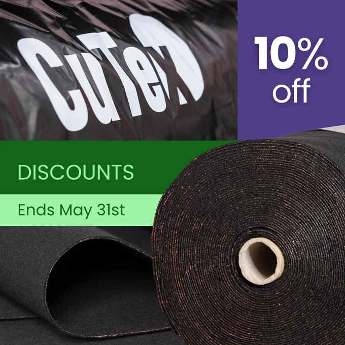 Roll of CuTex root barrier in the foreground. Background: The CuTex logo on a wrapper and some cut CuTex root barrier.