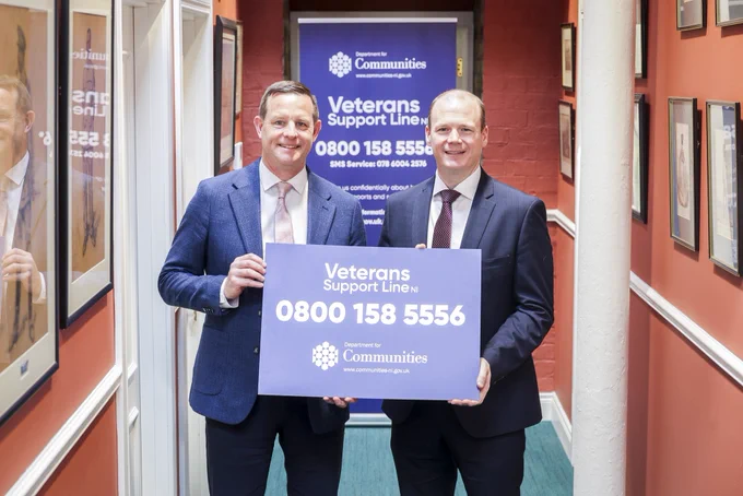 Minister Gordon Lyons pictured with Veterans Commissioner David Johnstone at the Royal Ulster Rifles Regimental Museum in Belfast during the launch of the Veterans Support Line NI.
