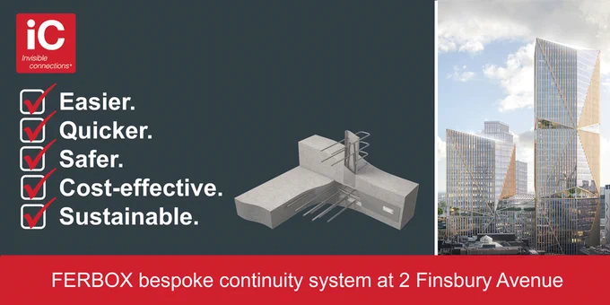 Read our case study for more information about Invisible Connections FERBOX bespoke reinforcement continuity system at 2 Finsbury Avenue, London EC2M. 