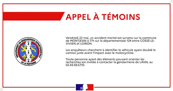 APPEL A TÉMOINS  :
Vendredi 22 mai, un accident mortel est survenu sur la commune de MONTJEAN à 17h sur la départementale 124 entre COSSÉ-LE-VIVIEN et LOIRON.
Les enquêteurs cherchent à identifier le véhicule ayant doublé le camion juste avant l'impact avec le motocycliste.
Toute personne ayant des éléments pouvant orienter les recherches est invitée à contacter la gendarmerie de LAVAL au 02.43.59.57.10.