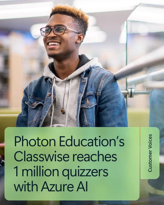 Text Reads: 
Photon Education's 
Classwise reaches 
1 million quizzers 
with Azure A I 

Customer Voices 