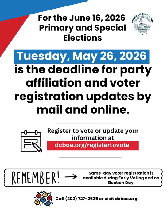 Graphic announcing that Tuesday, May 26, 2026 is the deadline for party affiliation and registering to vote online or by mail. Also notes that same-day voter registration is available. Includes the website dcboe.org/registertovote and contact number 727-2525 for more information.