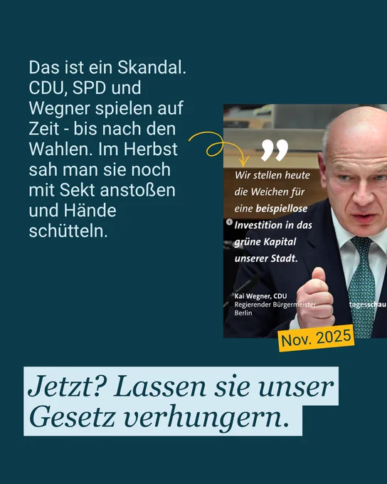 Letzten Donnerstag wurde eine zentrale Frist gerissen: ❌ die Baumschutzverordnung wurde nicht beschlossen
❌ Ein Umsetzungsteam nach §22? Nicht geplant, nicht bewilligt, keine Vorbereitung dafür
❌ Budget? Lächerlich wenig
✅ Immerhin: Der Kontrollbeirat ist ernannt, aber noch nicht bestätigt

Das ist ein Skandal. CDU, SPD und Wegner spielen auf Zeit - bis nach den Wahlen. Im Herbst sah man sie noch mit Sekt anstoßen und Hände schütteln. 
Wir lassen uns das nicht gefallen.
Spende jetzt, damit wir Berlins Bäume im Wahlkampf laut, professionell und wirksam vertreten können. Der Link dazu ist im Kommentar.