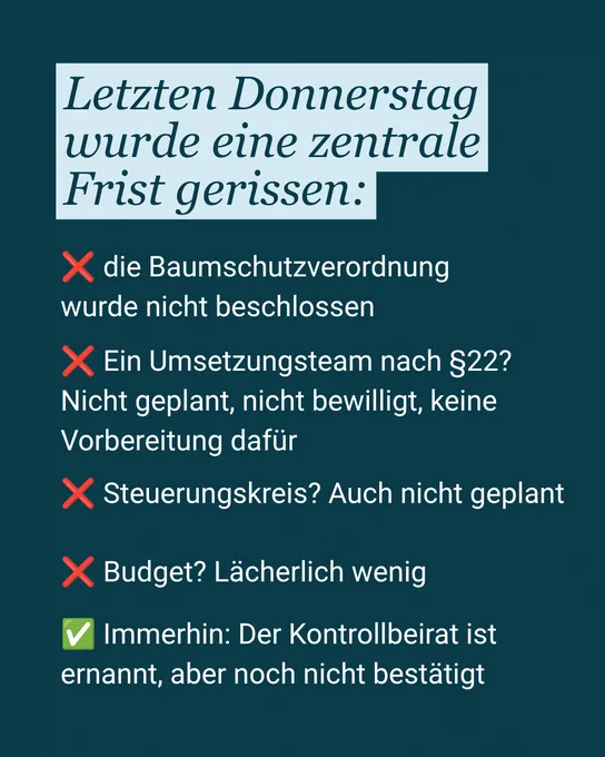 Letzten Donnerstag wurde eine zentrale Frist gerissen: ❌ die Baumschutzverordnung wurde nicht beschlossen
❌ Ein Umsetzungsteam nach §22? Nicht geplant, nicht bewilligt, keine Vorbereitung dafür
❌ Budget? Lächerlich wenig
✅ Immerhin: Der Kontrollbeirat ist ernannt, aber noch nicht bestätigt

Das ist ein Skandal. CDU, SPD und Wegner spielen auf Zeit - bis nach den Wahlen. Im Herbst sah man sie noch mit Sekt anstoßen und Hände schütteln. 
Wir lassen uns das nicht gefallen.
Spende jetzt, damit wir Berlins Bäume im Wahlkampf laut, professionell und wirksam vertreten können. Der Link dazu ist im Kommentar.