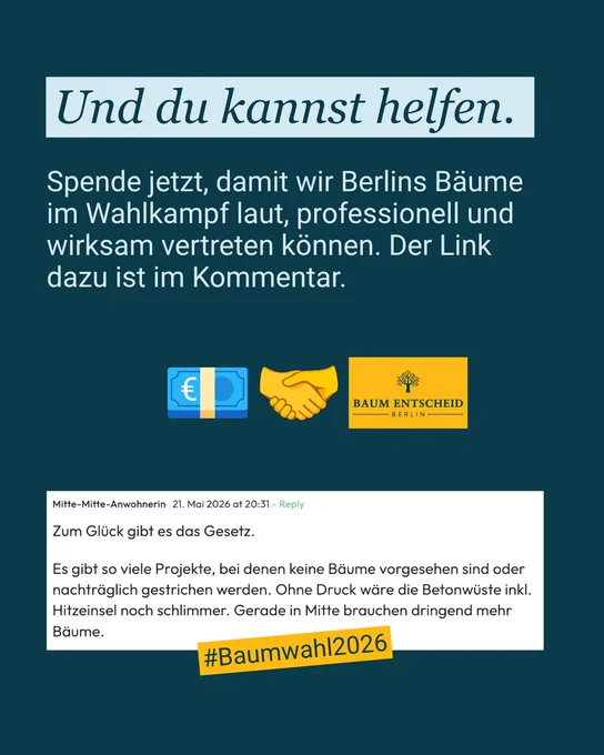 Letzten Donnerstag wurde eine zentrale Frist gerissen: ❌ die Baumschutzverordnung wurde nicht beschlossen
❌ Ein Umsetzungsteam nach §22? Nicht geplant, nicht bewilligt, keine Vorbereitung dafür
❌ Budget? Lächerlich wenig
✅ Immerhin: Der Kontrollbeirat ist ernannt, aber noch nicht bestätigt

Das ist ein Skandal. CDU, SPD und Wegner spielen auf Zeit - bis nach den Wahlen. Im Herbst sah man sie noch mit Sekt anstoßen und Hände schütteln. 
Wir lassen uns das nicht gefallen.
Spende jetzt, damit wir Berlins Bäume im Wahlkampf laut, professionell und wirksam vertreten können. Der Link dazu ist im Kommentar.