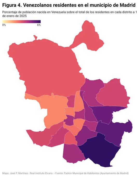 Figura 4. Venezolanos residentes en el municipio de Madrid. Mapa: José P. Martínez - Real Instituto Elcano Fuente: Padrón Municipal de Habitantes (Ayuntamiento de Madrid)