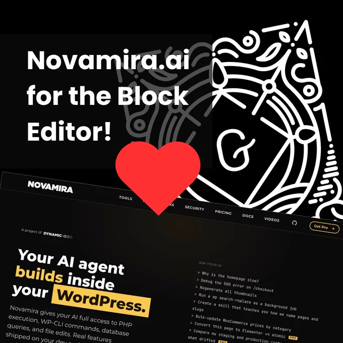 Graphic featuring the "Novamira.ai for the Block Editor!" headline, a large red heart, a decorative WordPress Gutenberg logo, and a preview of their website offering an AI WordPress agent.
