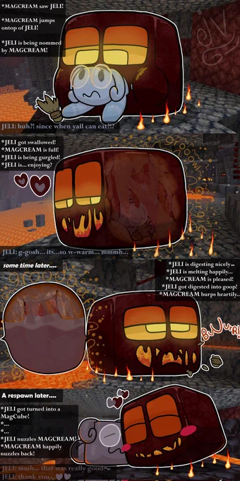 I always say when I show this one, I surprised myself when I finished the first frame, and it was also a sign I was getting better at drawing in tablet and using different brushes for textures! I got the cartoony style REAL good!... Can't say the same for the rest though xD, I noticed TOO late i gave the cube different eye sizes for each frame, and I'm still mad at it 💢 🐌 

Yes I used Minecraft screenshots for the background 🐌