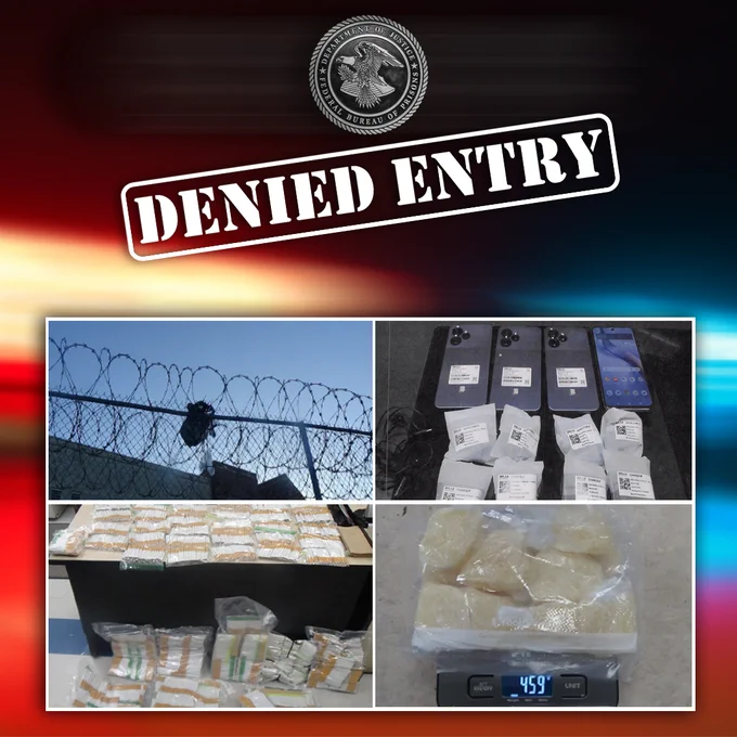 Four images of contraband stopped from being introduced into a prison. Title reads Denied Entry and a image of the BOP seal is centered at the top.