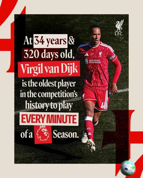 Graphic showcasing that Virgil van Dijk played every minute of the Premier League season, becoming the oldest player in the competition's history to do so at 34 years and 320 days old.
