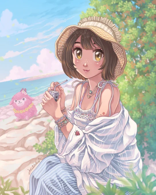 A young woman in a summer beach outfit sits relaxing and drinking milk on the beach under the shade of a tree, while a pink alpaca runs playfully in the background, surrounded by the sky and a long stretch of beach as far as the eye can see. art by Jocatchstar
