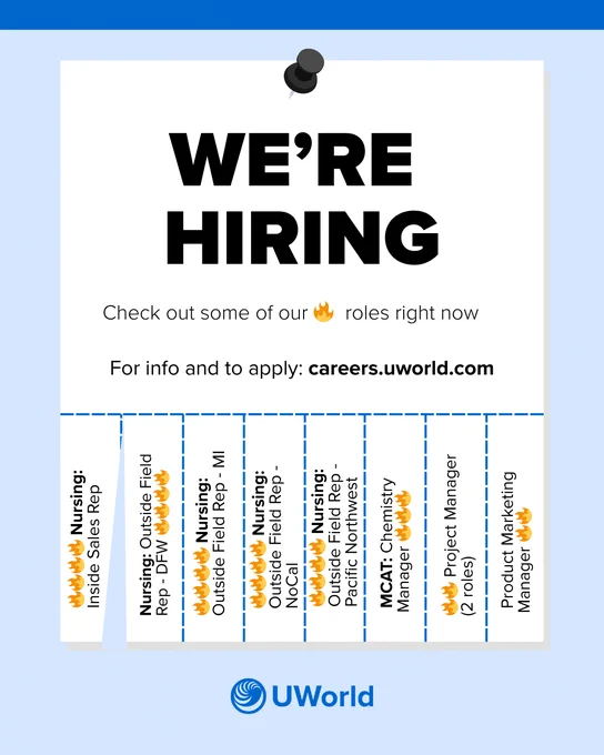 Here's a job hiring flyer from UWorld. The flyer announces available positions such as Nursing: Inside Sales, Nursing: Outside Field Rep for various regions, MCAT: Chemistry Inside Sales Rep, and Product Marketing Manager. It directs interested individuals to visit careers.uworld.com for more information and application details.