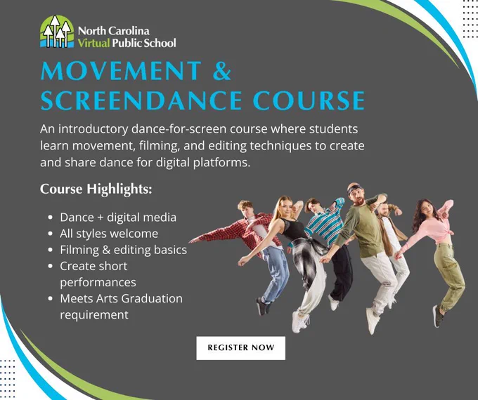 Promotional graphic for North Carolina Virtual Public School's Movement & Screendance Course featuring a group of diverse young people striking dynamic dance poses against a dark gray background.