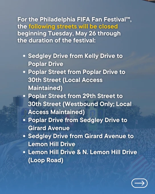 Rendering of the FIFA Fan Festival in Philadelphia and road closure information.