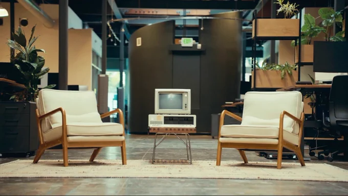 two mid-century armchairs flank a vintage CRT monitor and computer terminal on a wire side table, set against a curved dark wall in a modern open office with plants and wood shelving.