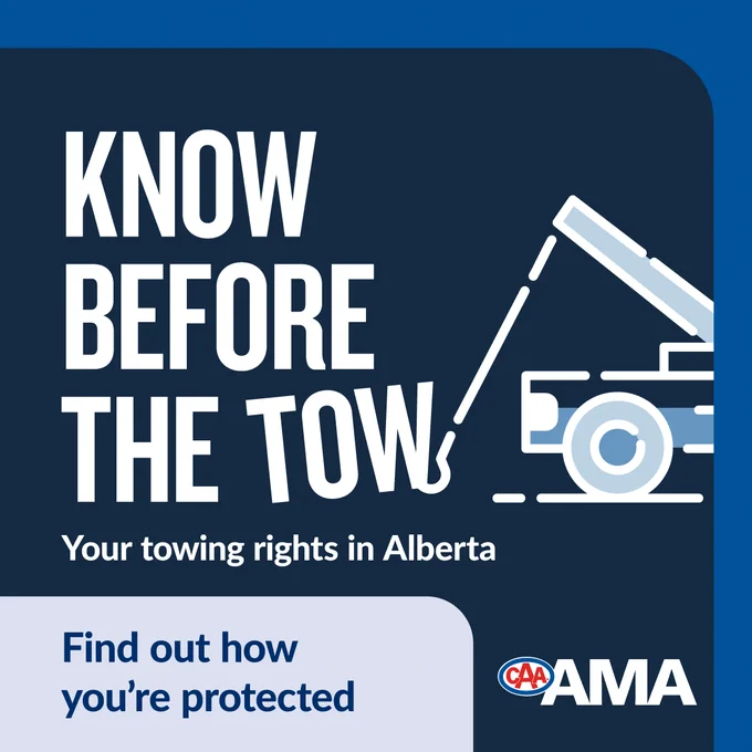 Informative graphic about towing rights in Alberta with a tow truck illustration and AMA logo.