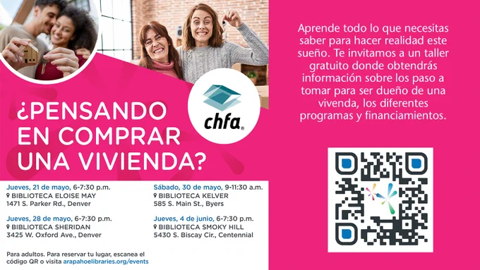Te invitamos a un taller gratuito donde obtendrás información sobre los paso a tomar apara ser dueño de una vivenda, los diferentes programas y financiamientos. Para reservar tu lugar, escanea el codigo QR o visita aparahoelibraries.org/events 