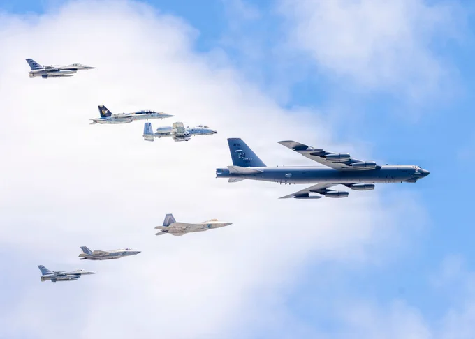 A B-52 Stratofortress leads a formation of a B-1 Lancer, A-10 Warthog, F-16 Fighting Falcon, F-18 Hornet, F-22 Raptor and F-35 Lightning, assigned to Air Combat Command and Global Strike Command, during the Hyundai Air and Sea show at Miami, Florida, May 23, 2026. Each aircraft played a unique role in demonstrating the comprehensive reach of the U.S. Air Force, from legacy bombers to cutting-edge fifth-generation fighters. Known as the Arsenal of Freedom Formation, the event underscored the Air Force’s capability to project force anywhere, anytime, as a key component of national defense. (U.S. Air Force photo by Staff Sgt. Lauren Diaz)