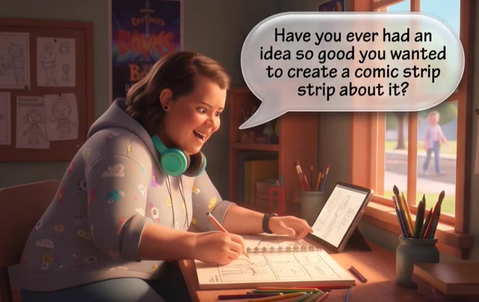 Adobe Express AI Image generated with the create a comic feature showing me working at a desk, holding a pencil, sketching in a spiral notebook, while looking at a tablet. Me as character sits in front of a window with a speechbubble saying, "Have you ever had an idea so good you wanted to create a comic strip about it?"
