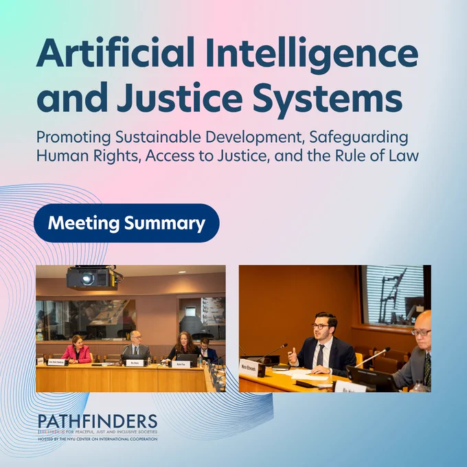 A graphic for an event on artificial intelligence and justice systems, featuring two photos of people participating in a meeting and a "Meeting Summary" label.