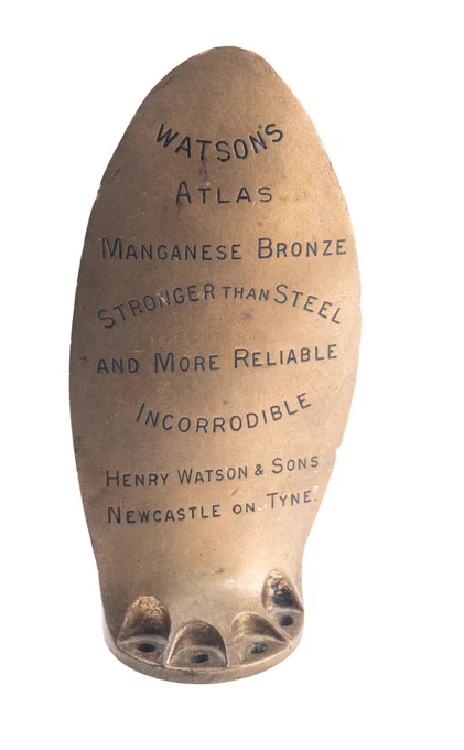 At auction, a bronze advertising model of a variable propeller blade by Henry Watson & Sons, High Bridge Works, Walkergate, Newcastle.

158cm high.

From 1925, the Brass Foundry was able to cast large solid manganese bronze propellers.

Image: Bearnes Hampton & Littlewood
