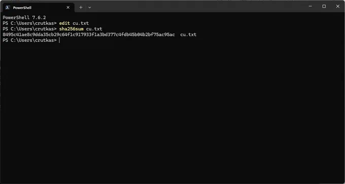 A terminal window with the command edit cu.txt and sha256sum cu.txt