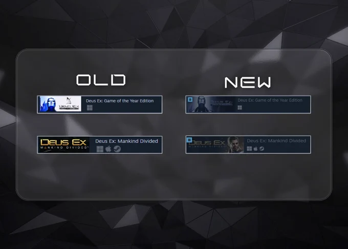 An image showcasing the change of the Steam cover art of both Deus Ex: Game of the Year Edition (top) and Deus Ex: Mankind Divided (bottom). On the left side the old covers, on the right side the new ones