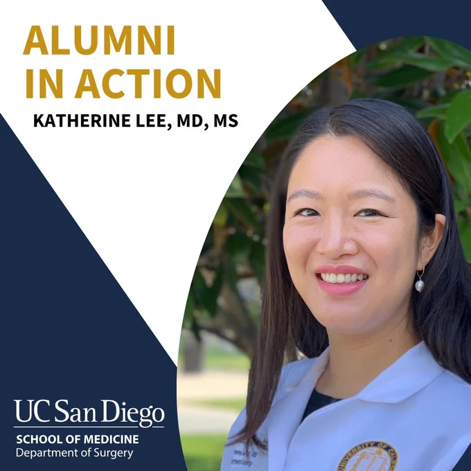 Alumni In Action: Katherine Lee, MD, MS, with profile of Katherine Lee and UC San Diego Dept. of Surgery logo