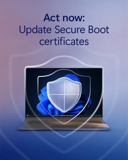 A computer screen with a shield graphic overlay and text prompting to "Update Secure Boot certificates".