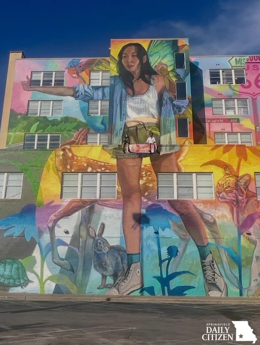 This mural was painted on the side of the Park East Building in downtown Springfield during the Overlay festival in October 2025. It is part of the developing Birthplace of Route 66 Plaza. (Photo by Overlay on Facebook)