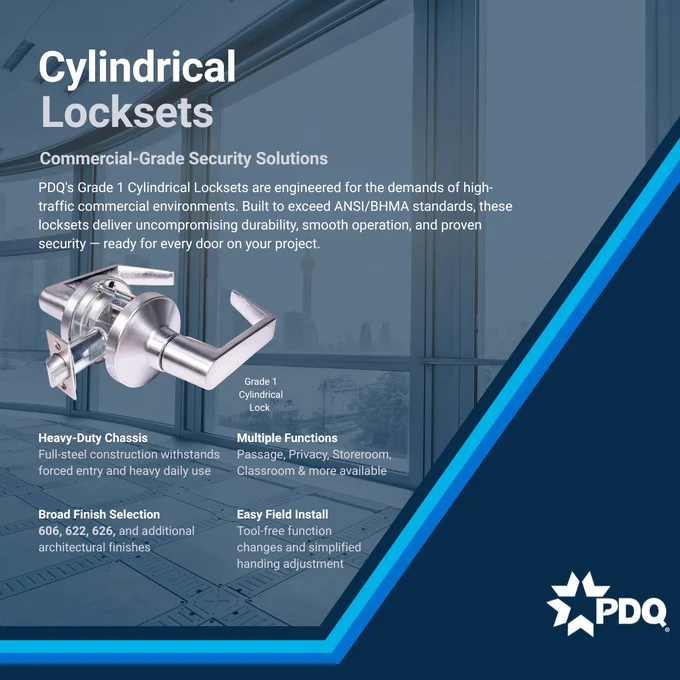 PDQ Grade 1 cylindrical lockset with lever handle. Features listed: heavy-duty steel chassis, multiple functions, broad finish selection, and easy field install. PDQ logo in corner.
