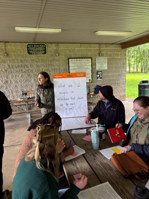 People sitting at a picnic table looking at a large post it note that says "what are 1-2 insights or reflections that stand out the most to you". 