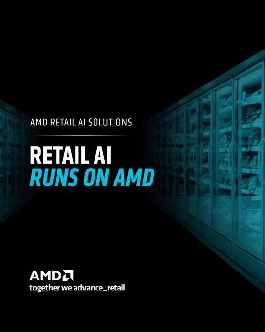 Promotional image for AMD Retail AI Solutions. The text reads, "Retail AI Runs on AMD." The background features rows of refrigerated display cases. The AMD logo and the slogan "together we advance_retail" are at the bottom.