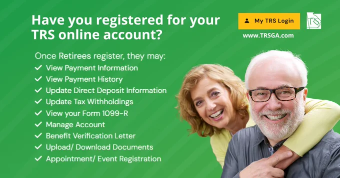 Green background with older couple smiling. White text listing the account features for retirees after registering for their TRS online account at www.TRSGA.com.