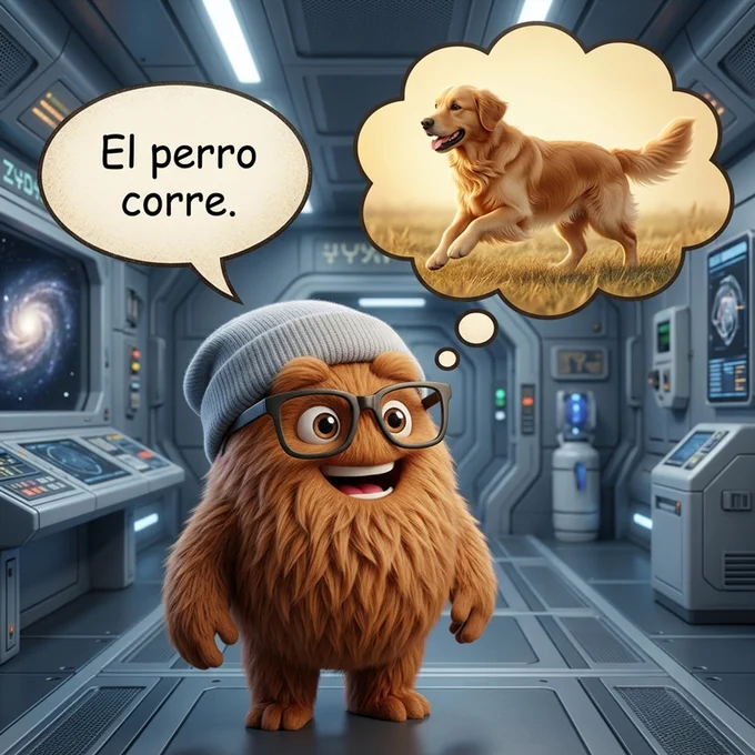 A hairy alien in a gray beanie and glasses on their starship has a voice bubble saying, "El perro corre," and an imagination bubble that shows a dog running.