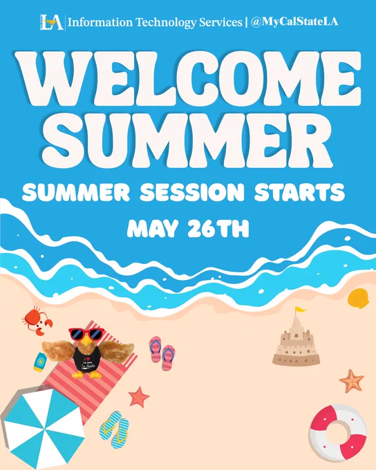 Bright beach scene with waves, a crab wearing sunglasses on a towel, flip-flops, and a sandcastle announcing summer session starts May 26th.