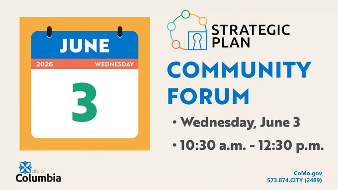 Calendar showing June 3, 2026, highlighting a community forum from 10:30 a.m. to 12:30 p.m. hosted by City of Columbia.