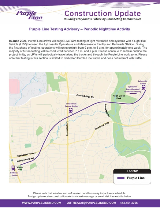 Map showing Purple Line route from Bethesda Station to Lyttonsville Operations with highlighted nighttime testing areas and key roads.