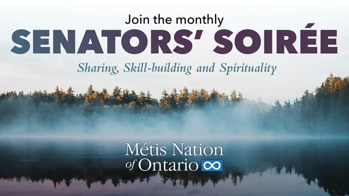 Scenic lake view with mist and forest backdrop promoting the monthly Senators' Soirée by Métis Nation of Ontario.