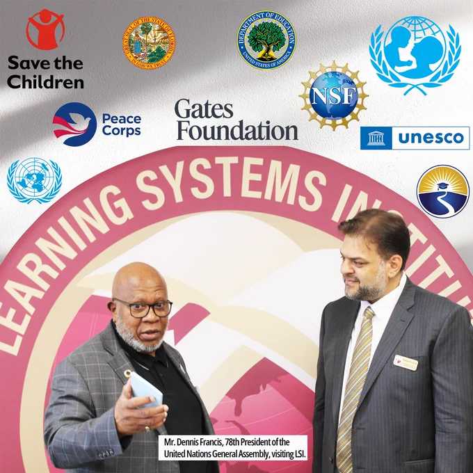Graphic featuring a large photo of LSI Director Rabieh Razzouk meeting with former UN President Dennis Francis in front of a large LSI logo backdrop.  Above the photo are 10 logos of groups LSI has worked with. 